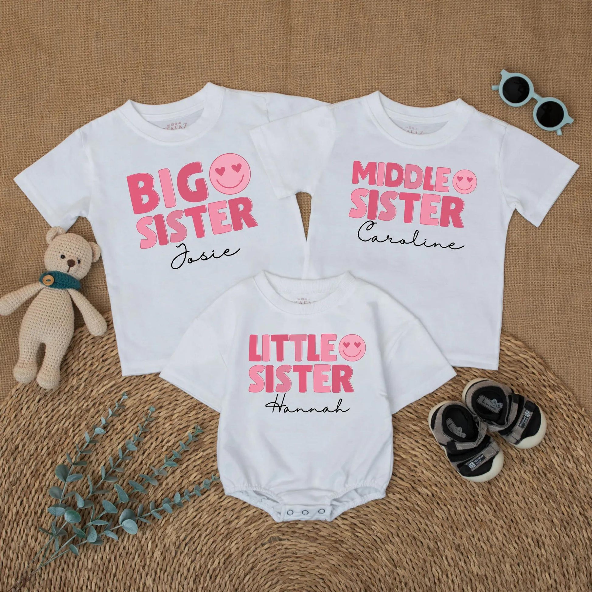 Matching Big Sister, Middle Sister, Little Sister Shirts & Romper Set, Custom Names, Pink Heart Eyes Design, Baby Girl Announcement