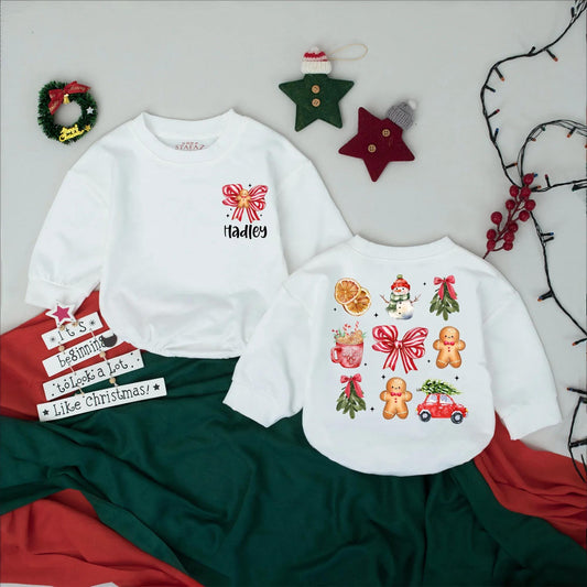 Personalized Gingerbread Bow Christmas Romper, Baby's First Christmas Sweatshirt, Retro Holiday Bodysuit, Christmas Car Coming Home Outfit (Hadley)