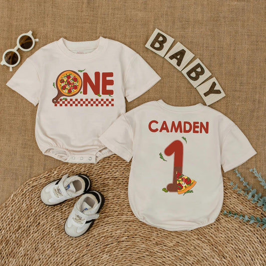 Personalized Pizza First Birthday Baby Romper Cake Smash Outfit with Pizza 'ONE' Design Red Checkered Pattern Fun 1st Birthday Clothes Gift