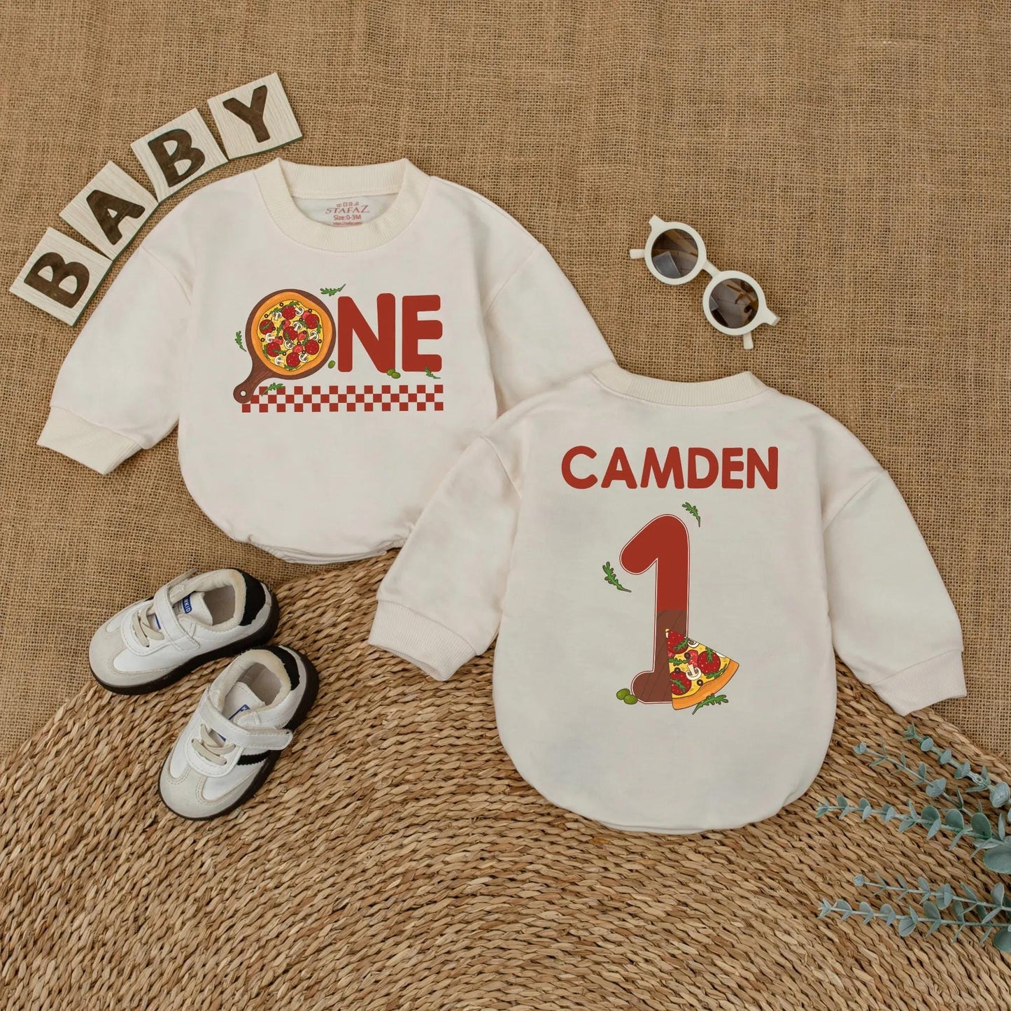 Personalized Pizza First Birthday Baby Romper Cake Smash Outfit with Pizza 'ONE' Design Red Checkered Pattern Fun 1st Birthday Clothes Gift