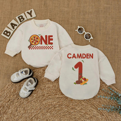 Personalized Pizza First Birthday Baby Romper Cake Smash Outfit with Pizza 'ONE' Design Red Checkered Pattern Fun 1st Birthday Clothes Gift