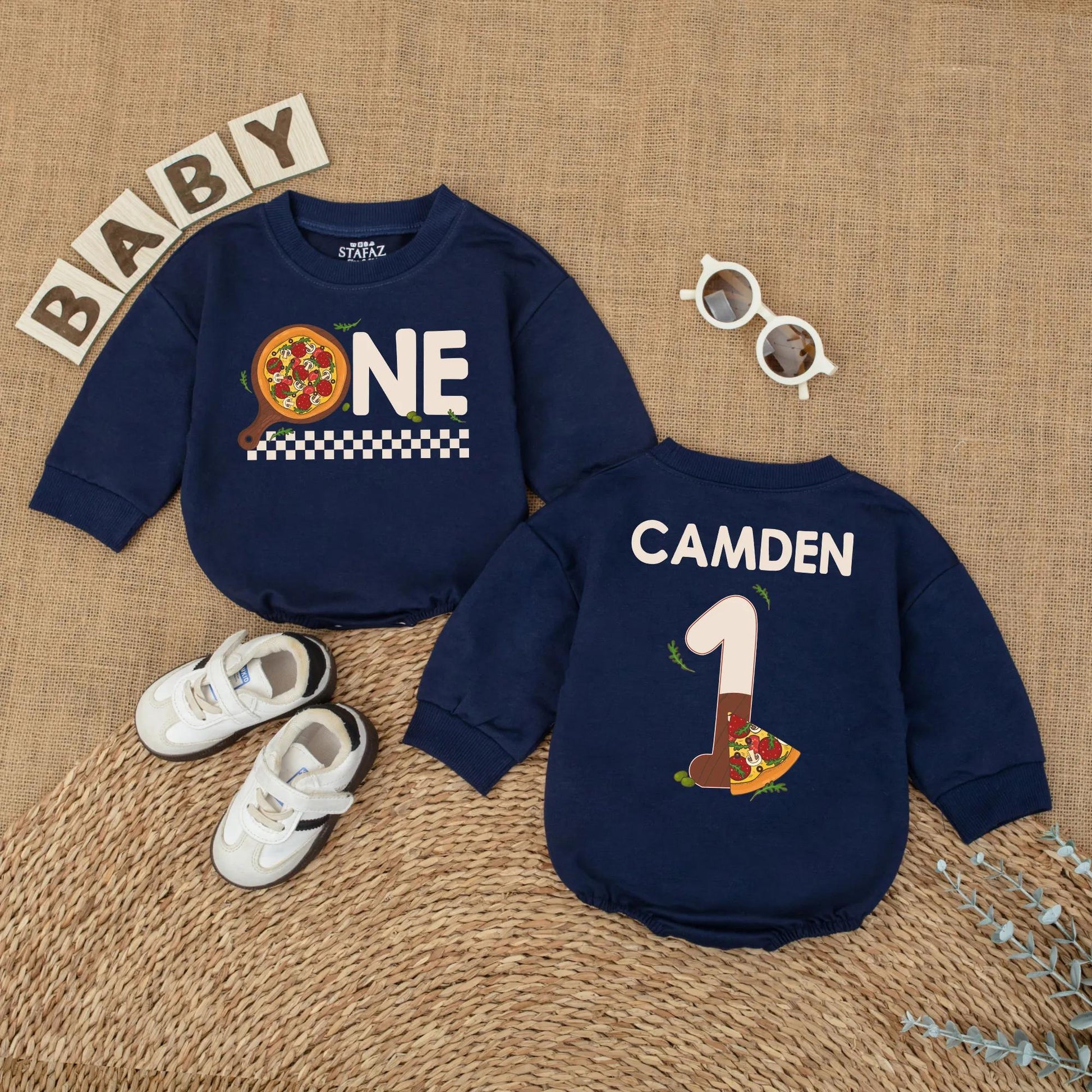 Personalized Pizza First Birthday Baby Romper Cake Smash Outfit with Pizza 'ONE' Design Red Checkered Pattern Fun 1st Birthday Clothes Gift