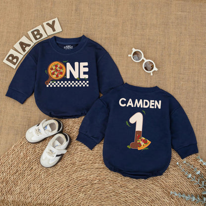 Personalized Pizza First Birthday Baby Romper Cake Smash Outfit with Pizza 'ONE' Design Red Checkered Pattern Fun 1st Birthday Clothes Gift