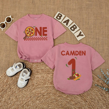 Personalized Pizza First Birthday Baby Romper Cake Smash Outfit with Pizza 'ONE' Design Red Checkered Pattern Fun 1st Birthday Clothes Gift