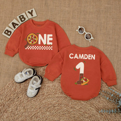 Personalized Pizza First Birthday Baby Romper Cake Smash Outfit with Pizza 'ONE' Design Red Checkered Pattern Fun 1st Birthday Clothes Gift