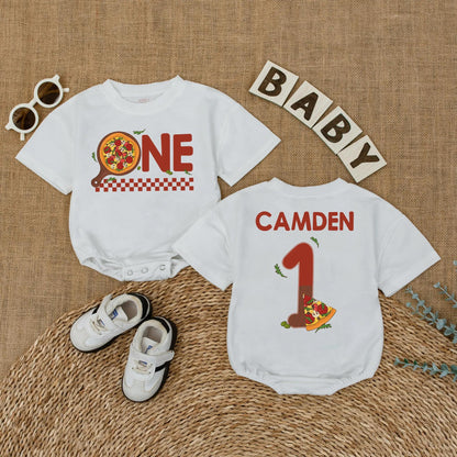 Personalized Pizza First Birthday Baby Romper Cake Smash Outfit with Pizza 'ONE' Design Red Checkered Pattern Fun 1st Birthday Clothes Gift