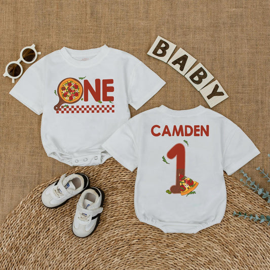 Personalized Pizza First Birthday Baby Romper Cake Smash Outfit with Pizza 'ONE' Design Red Checkered Pattern Fun 1st Birthday Clothes Gift