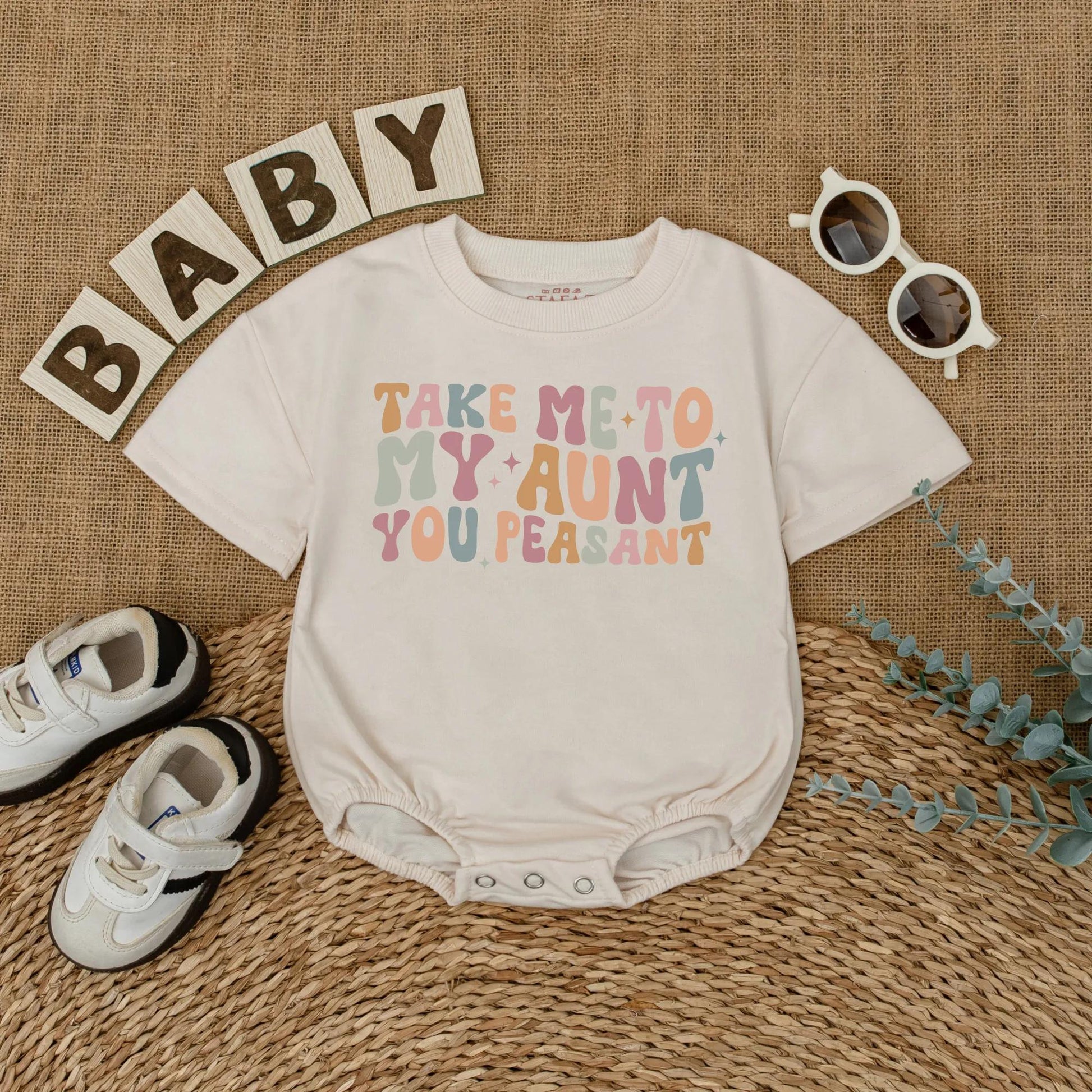 Take Me To My Aunt Romper, You Peasant Bodysuit, Retro Baby Outfit, Funny Auntie Gift, I Love My Aunt, Cute Baby Shower Gift, Pastel Star Design 139