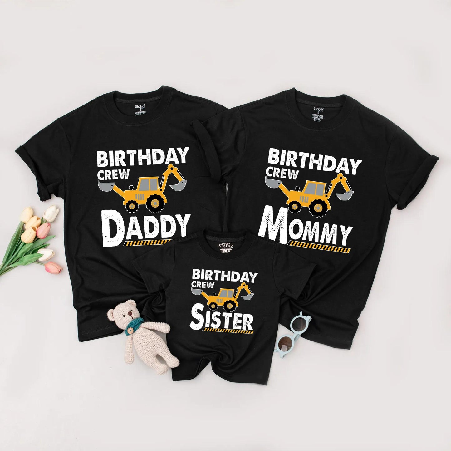 Personalized Matching Family Construction Birthday Crew Shirt featuring a yellow excavator design for Mommy Daddy Sister Brother Toddler Boy soft cotton tee