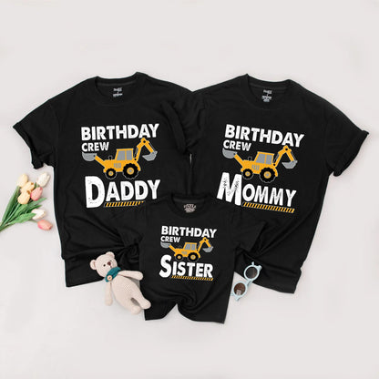 Personalized Matching Family Construction Birthday Crew Shirt featuring a yellow excavator design for Mommy Daddy Sister Brother Toddler Boy soft cotton tee