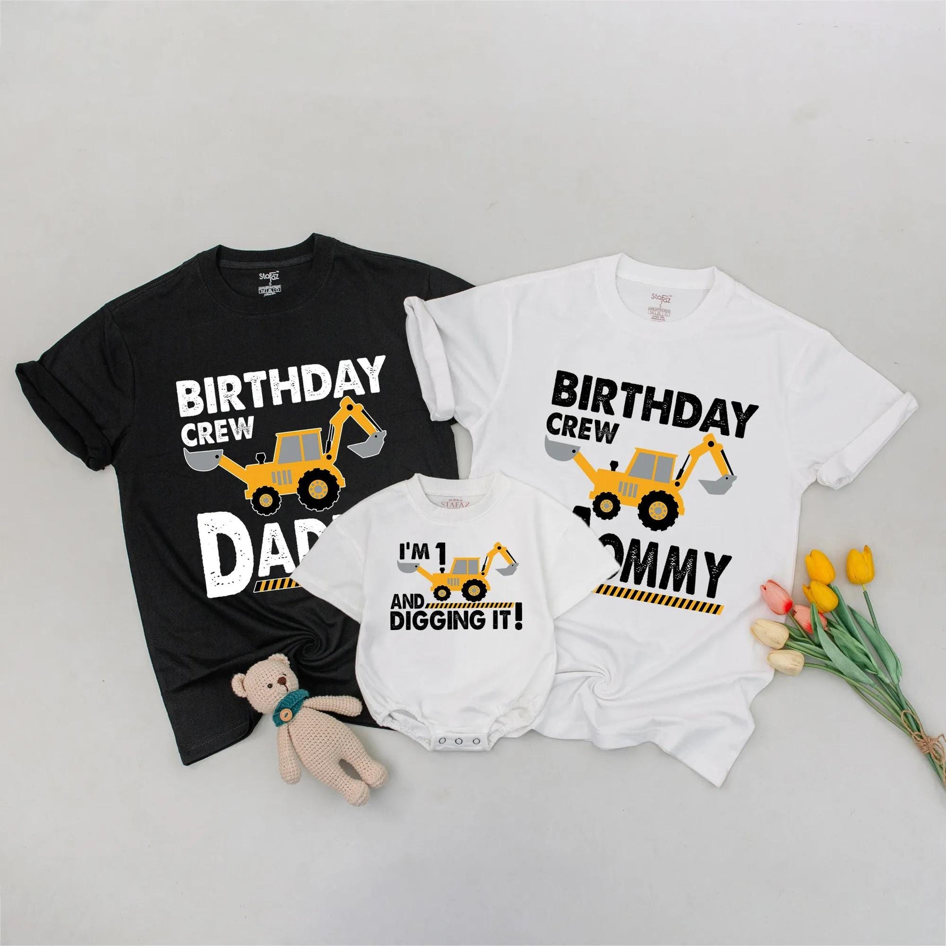 Personalized Matching Family Construction Birthday Crew Shirt featuring a yellow excavator design for Mommy Daddy Sister Brother Toddler Boy soft cotton tee