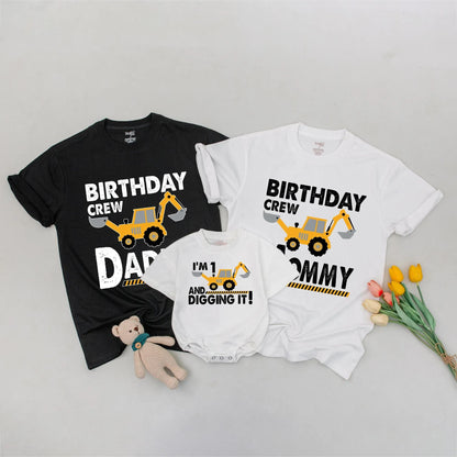 Personalized Matching Family Construction Birthday Crew Shirt featuring a yellow excavator design for Mommy Daddy Sister Brother Toddler Boy soft cotton tee