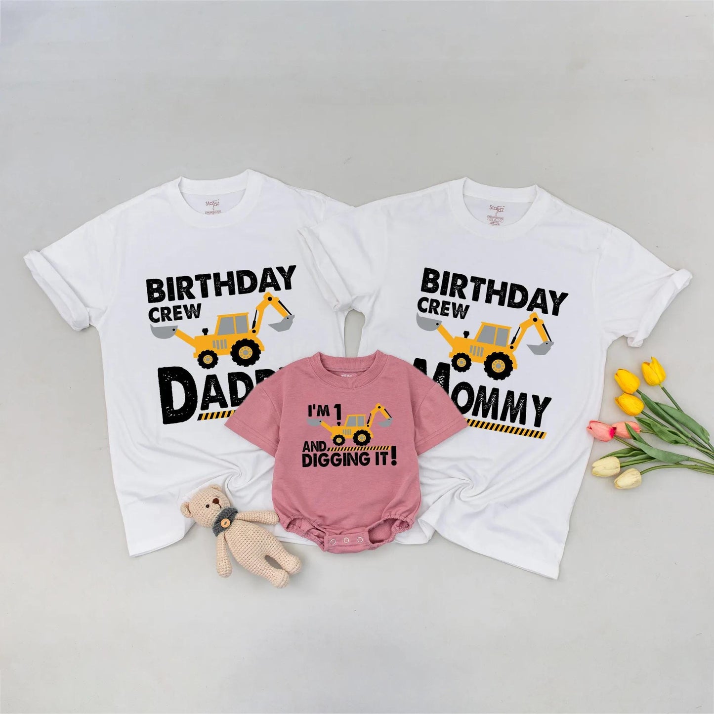 Personalized Matching Family Construction Birthday Crew Shirt featuring a yellow excavator design for Mommy Daddy Sister Brother Toddler Boy soft cotton tee