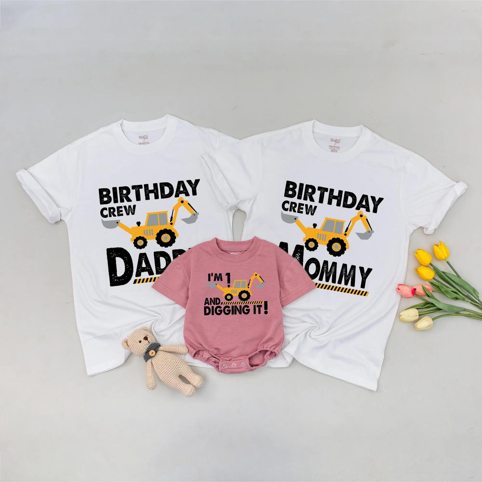 Personalized Matching Family Construction Birthday Crew Shirt featuring a yellow excavator design for Mommy Daddy Sister Brother Toddler Boy soft cotton tee