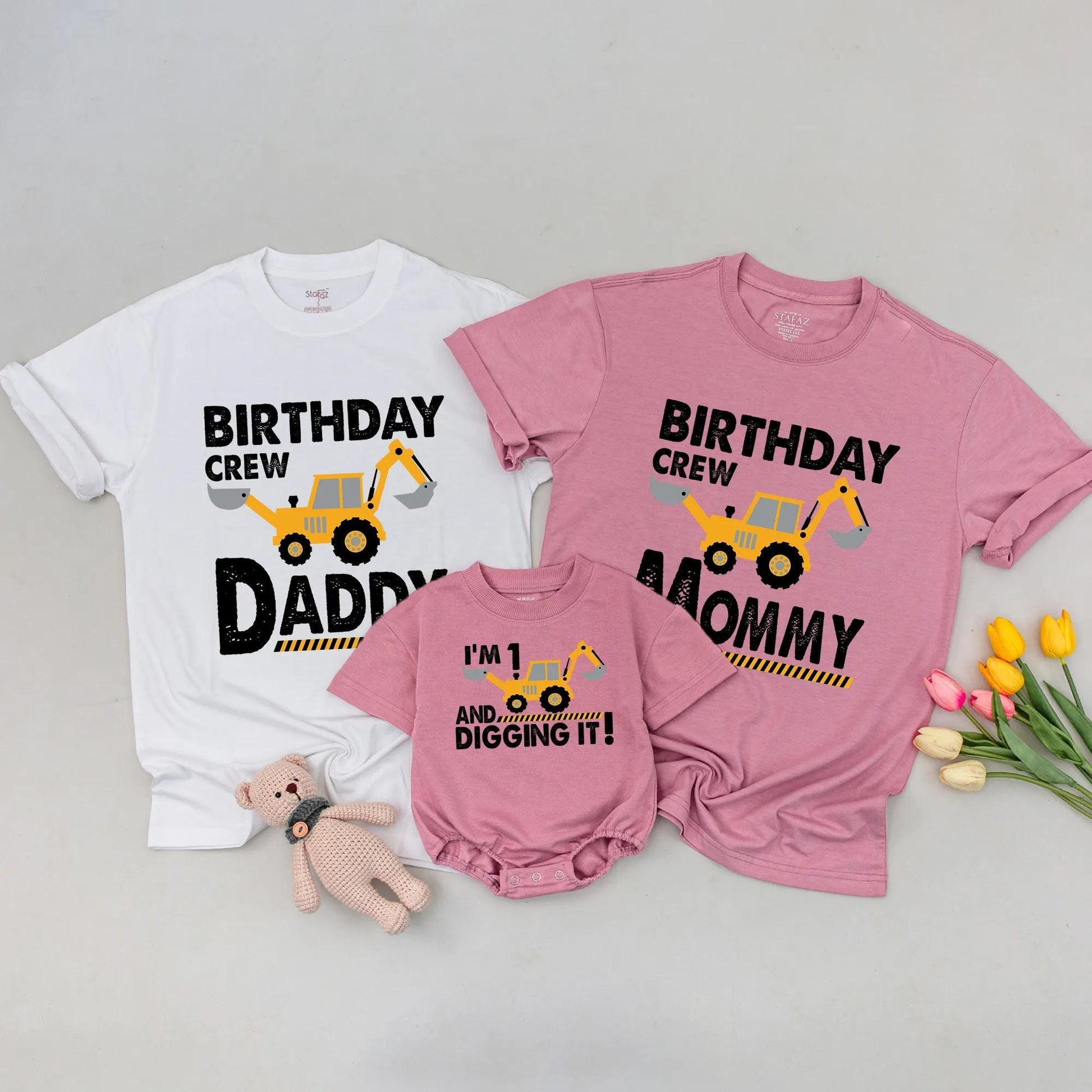 Personalized Matching Family Construction Birthday Crew Shirt featuring a yellow excavator design for Mommy Daddy Sister Brother Toddler Boy soft cotton tee