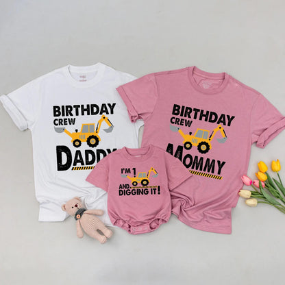 Personalized Matching Family Construction Birthday Crew Shirt featuring a yellow excavator design for Mommy Daddy Sister Brother Toddler Boy soft cotton tee