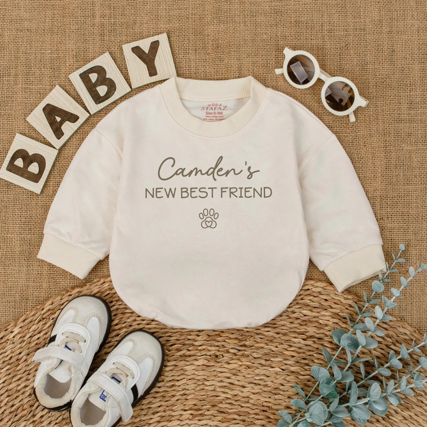 Camden's New Best Friend Baby Romper Cute Dog Lover Outfit Pregnancy Announcement Newborn Custom Pet Name Gift 136