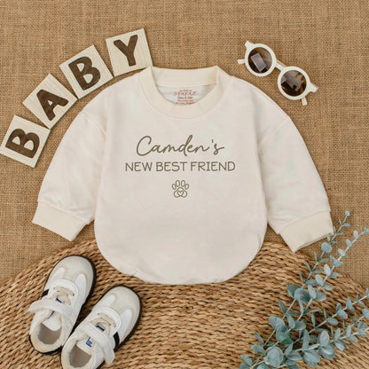 Camden's New Best Friend Baby Romper Cute Dog Lover Outfit Pregnancy Announcement Newborn Custom Pet Name Gift 136