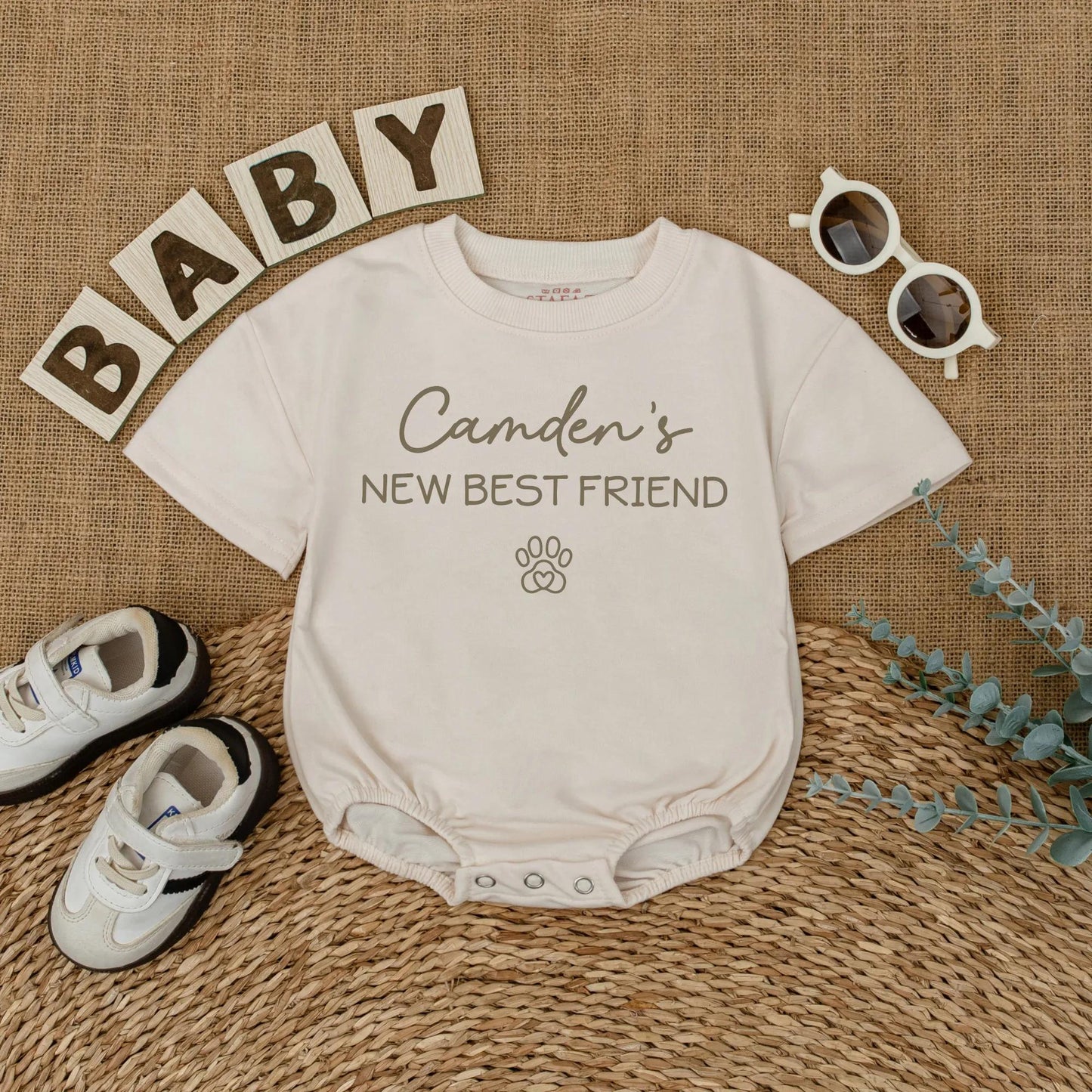 Camden's New Best Friend Baby Romper Cute Dog Lover Outfit Pregnancy Announcement Newborn Custom Pet Name Gift 136