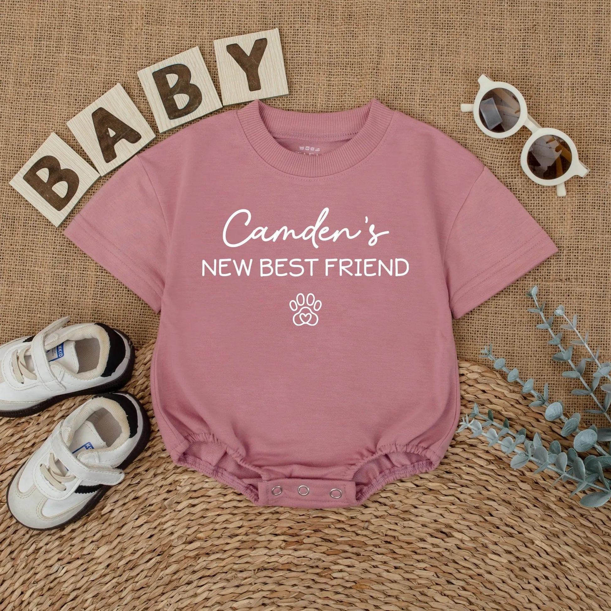 Camden's New Best Friend Baby Romper Cute Dog Lover Outfit Pregnancy Announcement Newborn Custom Pet Name Gift 136