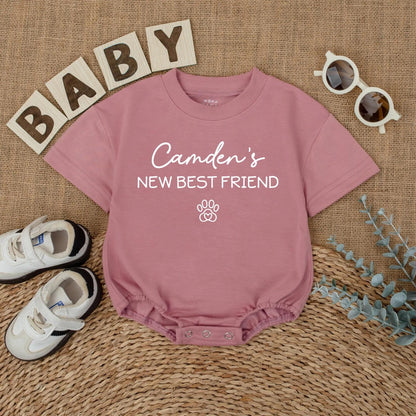 Camden's New Best Friend Baby Romper Cute Dog Lover Outfit Pregnancy Announcement Newborn Custom Pet Name Gift 136