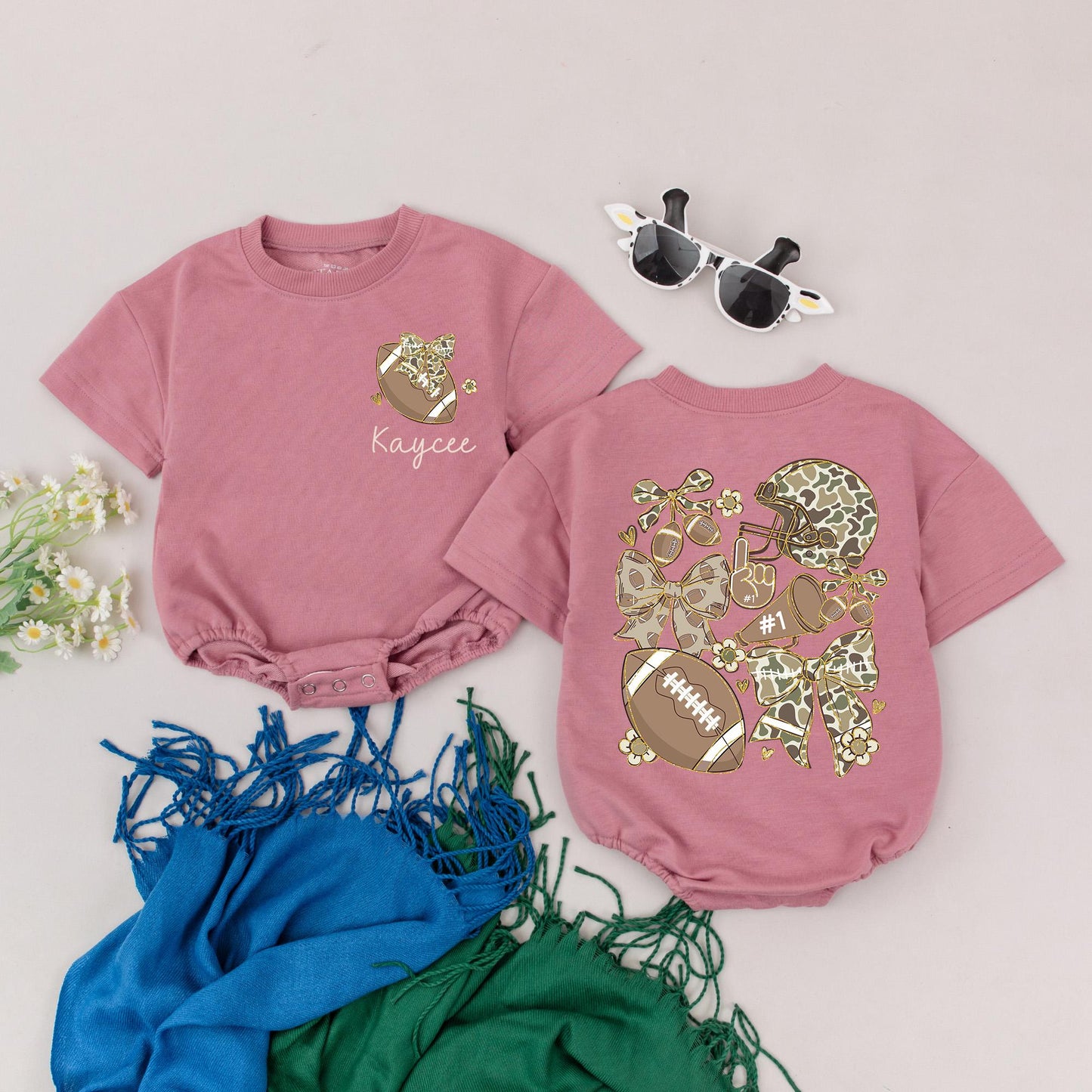 Personalized Camo Football Romper for Baby Girl, Game Day Outfit, Custom Name Football Season Gift, Baby Shower, Newborn Clothes