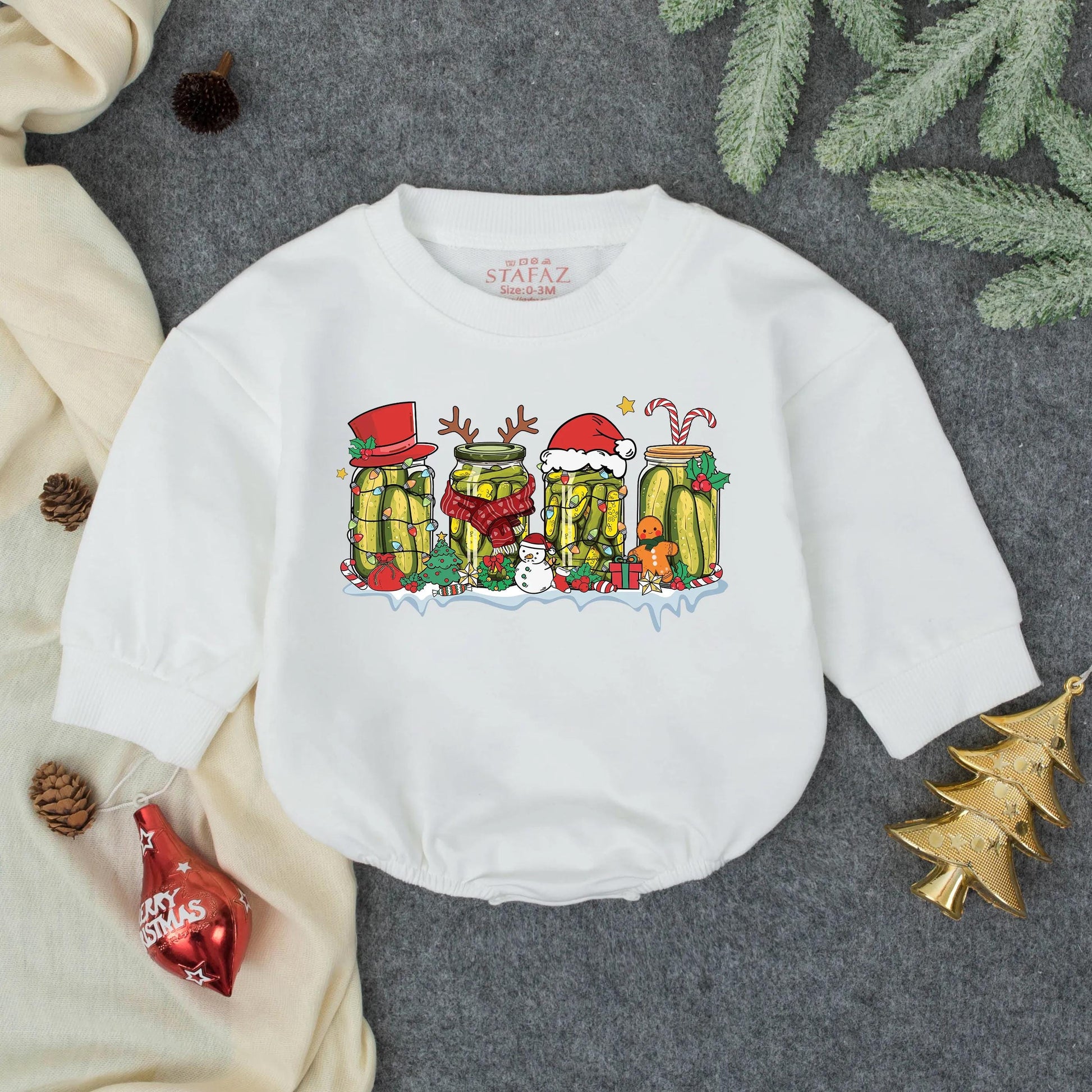 Merry Pickle Christmas Baby Bubble Romper First Christmas Infant Outfit Whimsical Holiday Toddler Farm Clothes Snowman Gingerbread Tree Gift