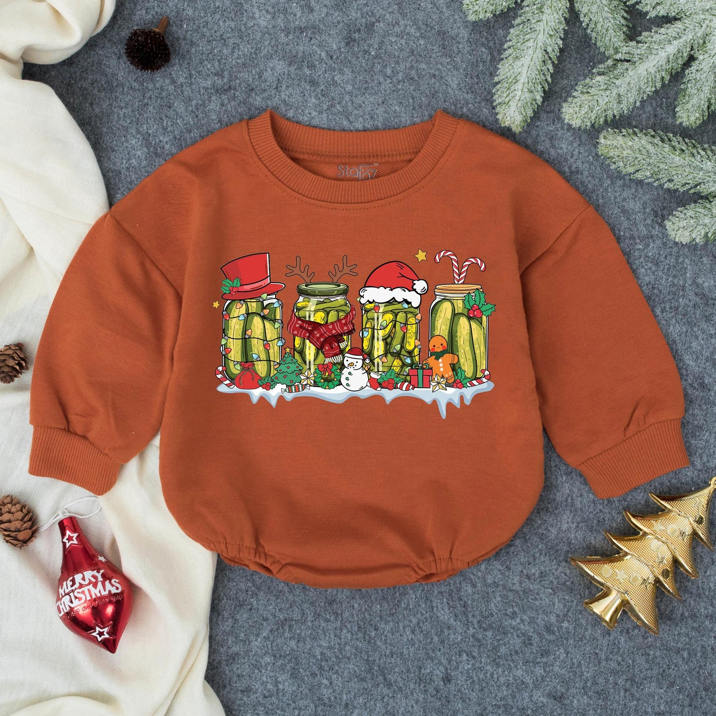 Merry Pickle Christmas Baby Bubble Romper First Christmas Infant Outfit Whimsical Holiday Toddler Farm Clothes Snowman Gingerbread Tree Gift