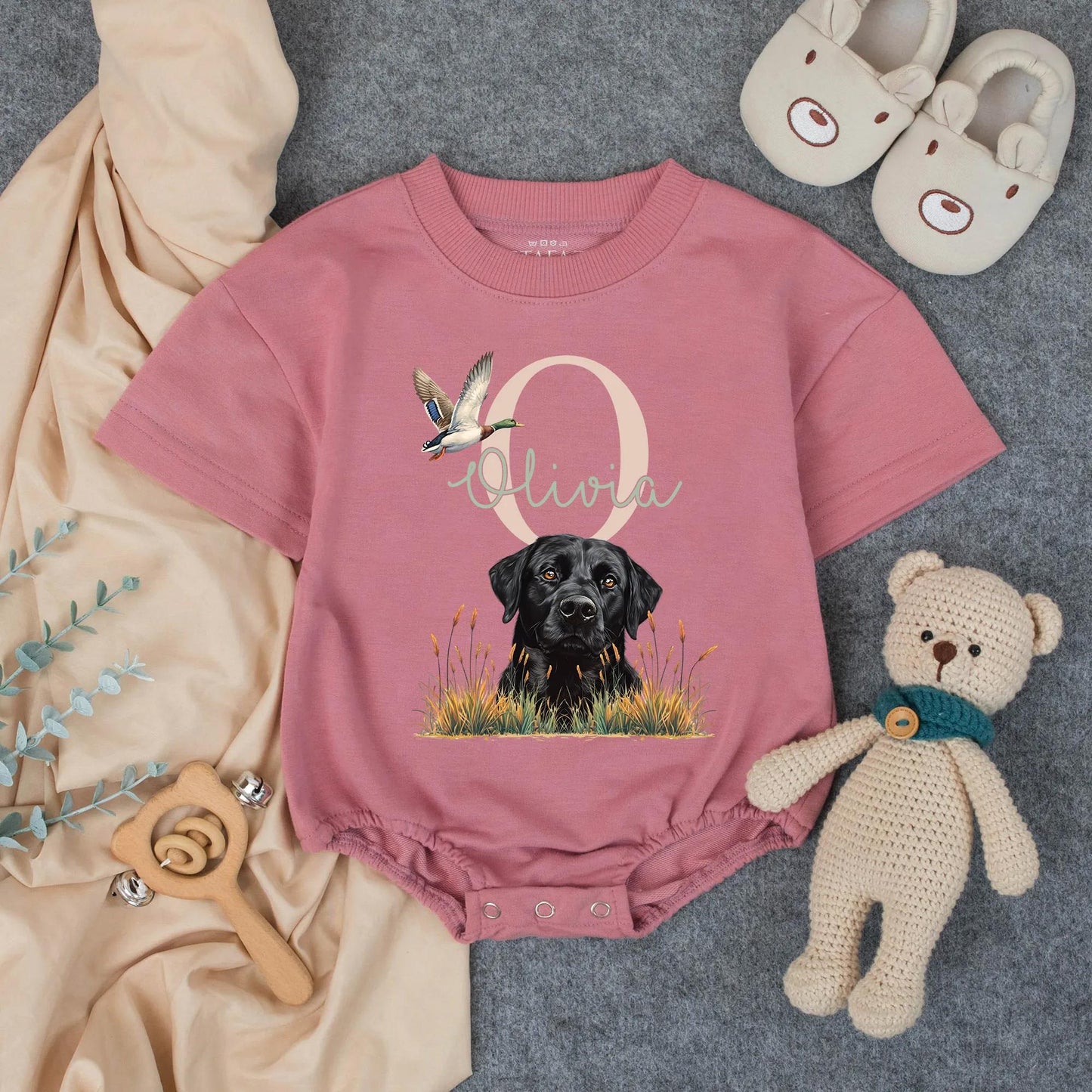 Rustic Black Lab Hunting Outfit Personalized Olivia Name Mallard Duck Baby Bubble Romper Southern Farm Gift