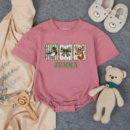 Camo Bow Hunting Girl Romper, Duck Deer Season Outfit, Fall Baby Clothes, Country Toddler Gift, Personalized Available! 130-140 Characters