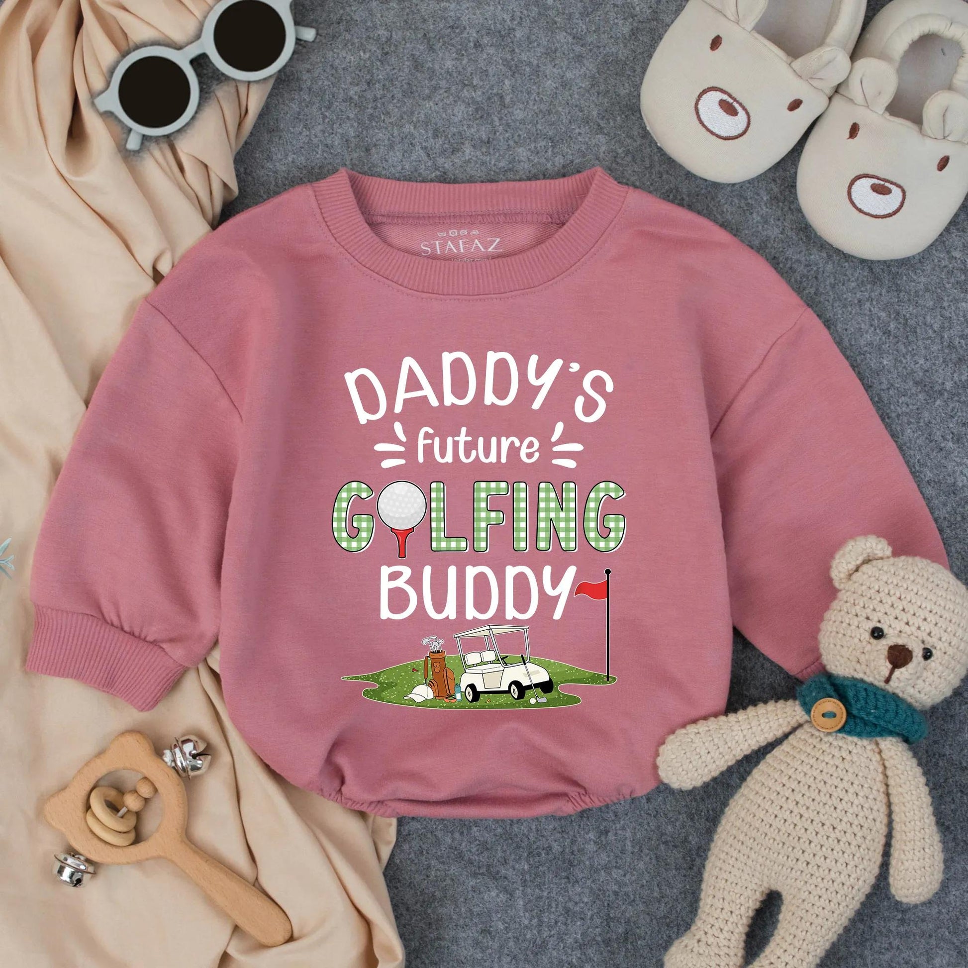 Daddy's Future Golfing Buddy Baby Romper Cute Golf Baby Shower Gift Infant Toddler Sports Clothes Green Checkered Text Golf Ball Flag Cart
