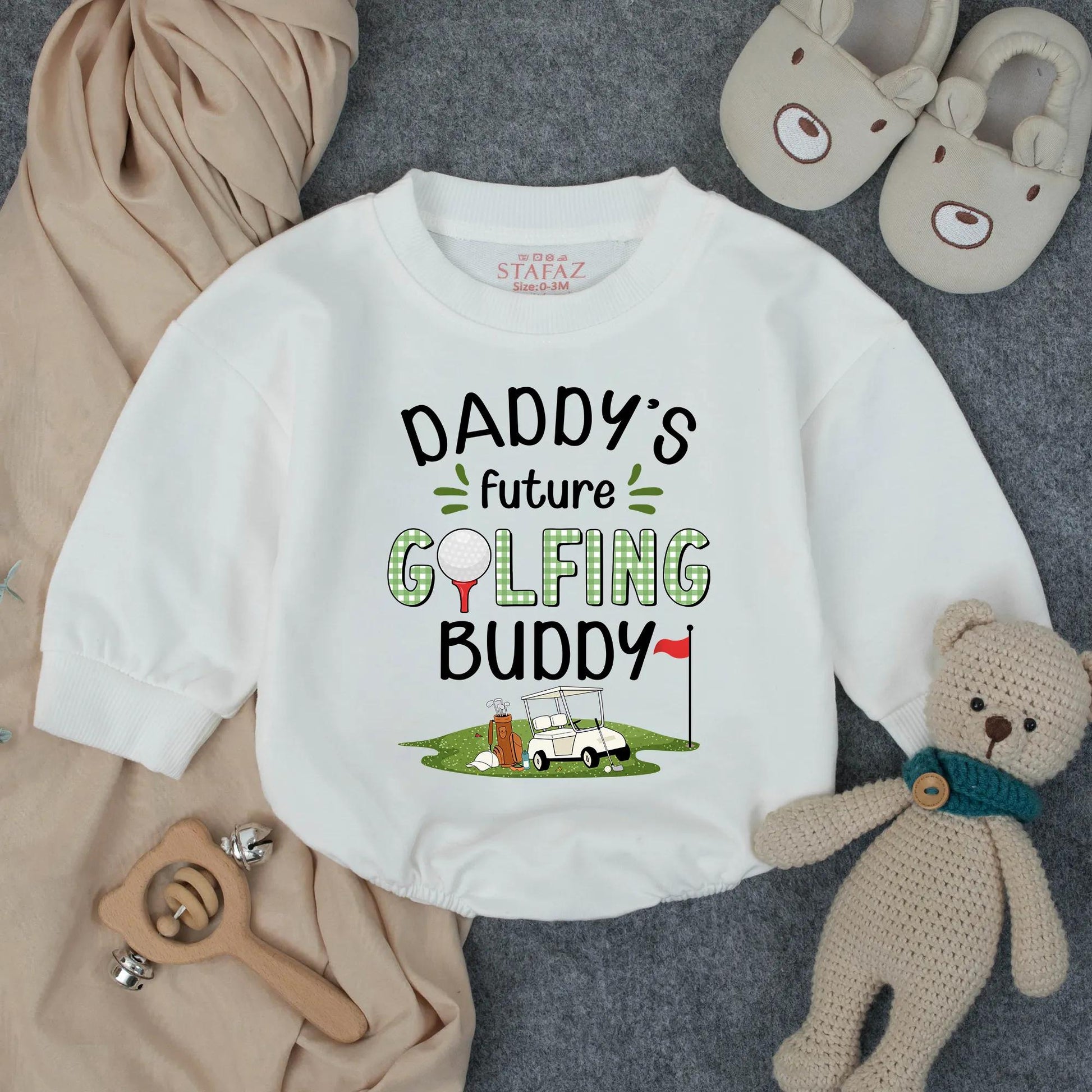 Daddy's Future Golfing Buddy Baby Romper Cute Golf Baby Shower Gift Infant Toddler Sports Clothes Green Checkered Text Golf Ball Flag Cart