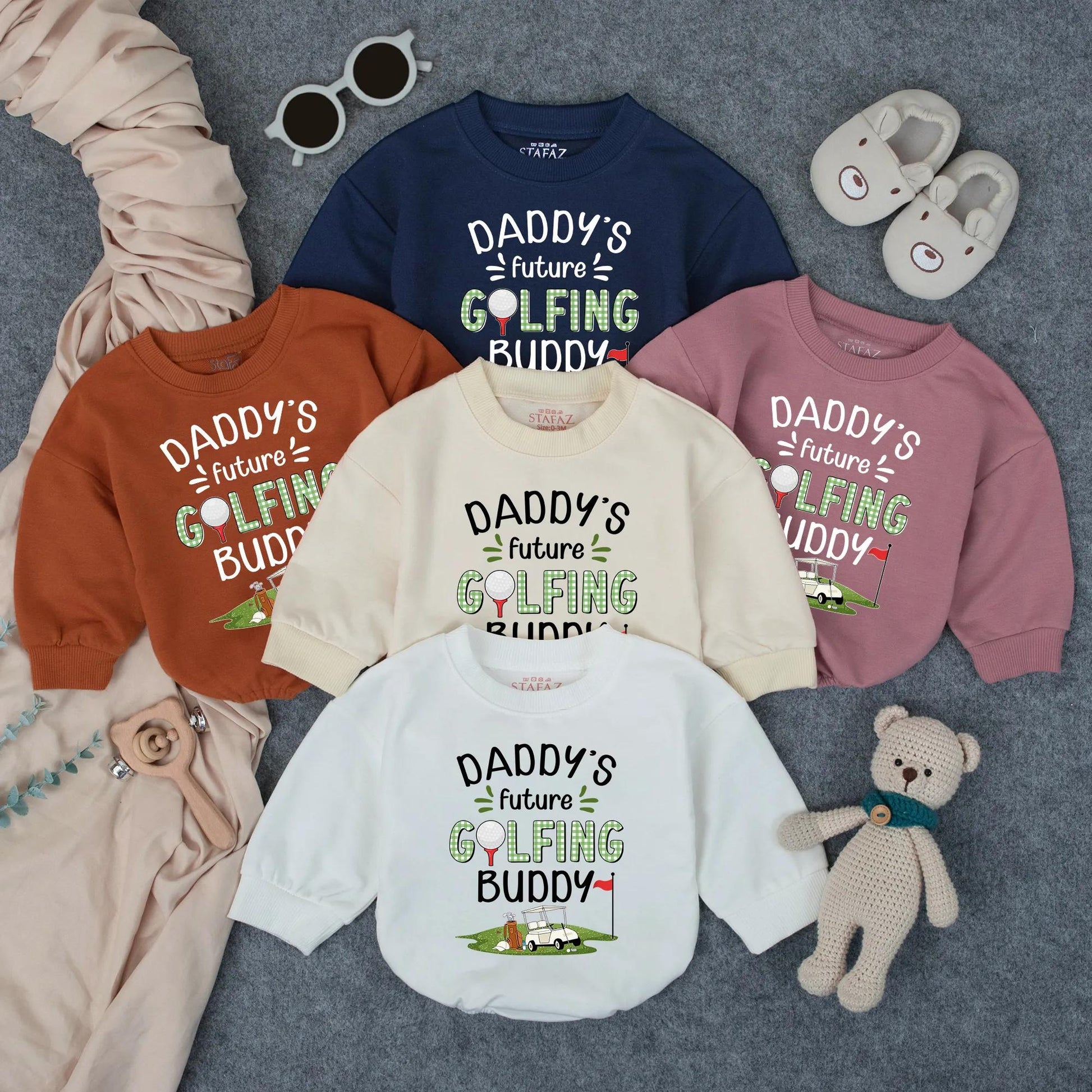 Daddy's Future Golfing Buddy Baby Romper Cute Golf Baby Shower Gift Infant Toddler Sports Clothes Green Checkered Text Golf Ball Flag Cart