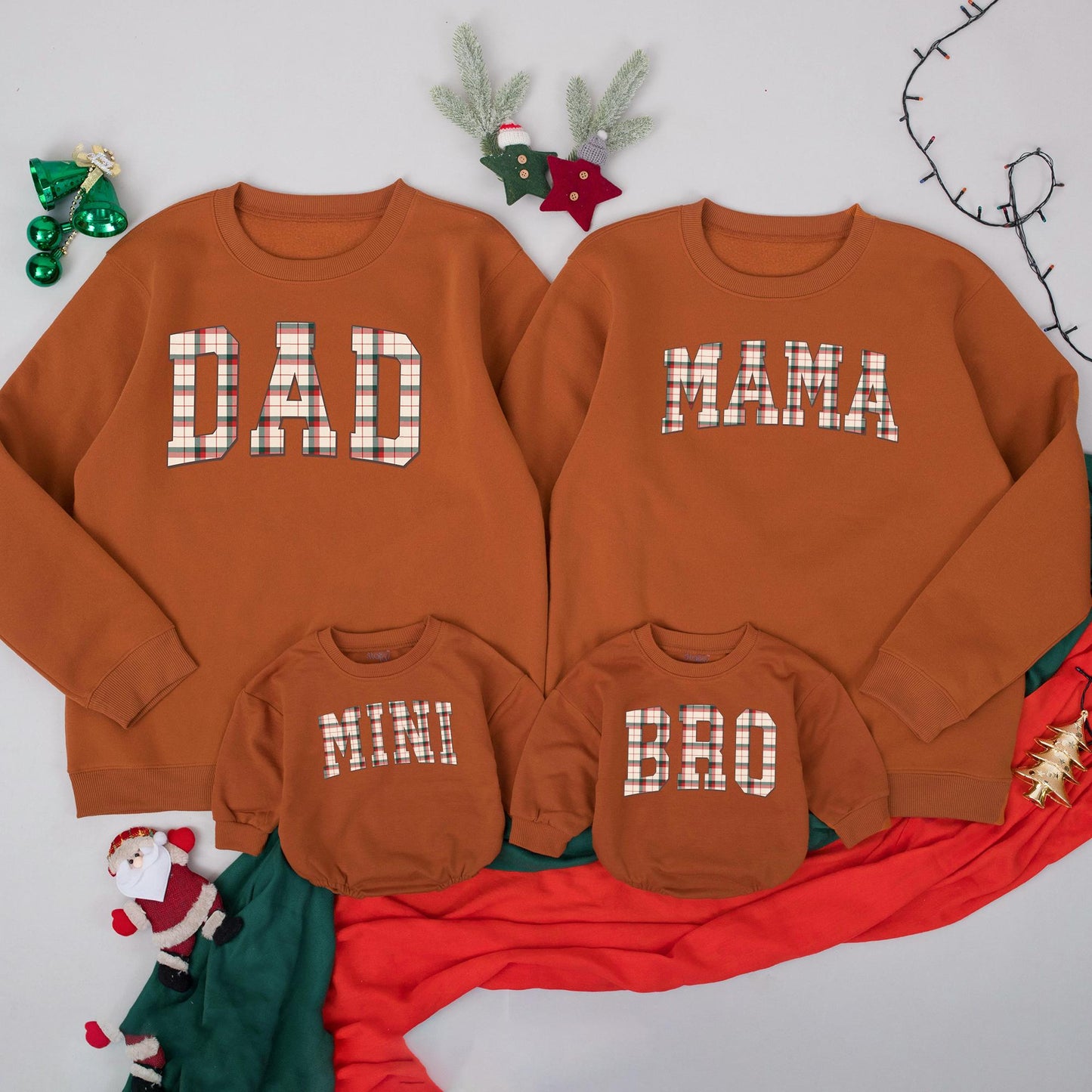 Plaid Family Matching Sweatshirts Dad Mama Mini Bro Holiday Christmas Outfit Red Green Cozy Festive Tops for Family