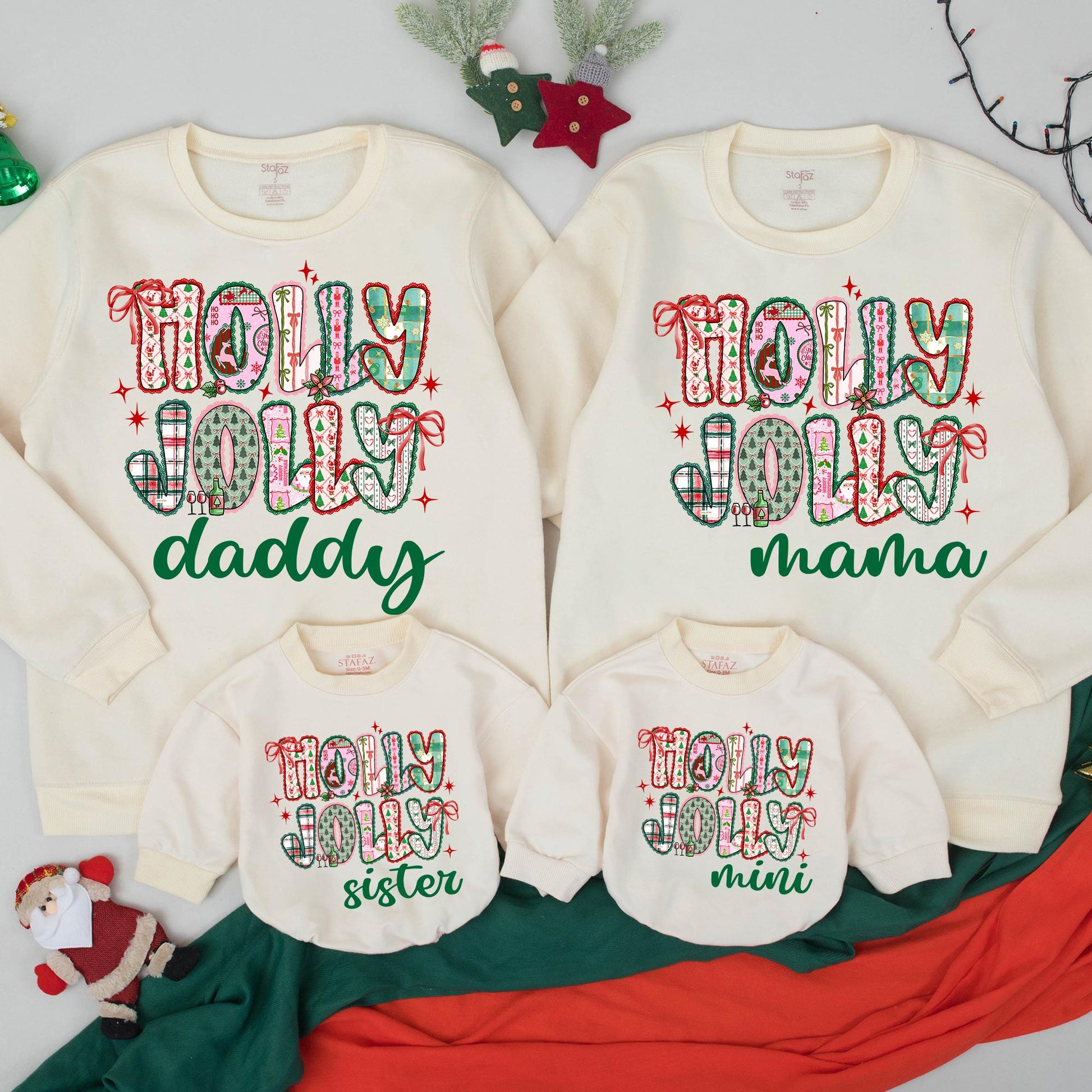 Custom Name Holly Jolly Sweatshirt Vintage Preppy Christmas Family Matching Outfits Mama Mini Daddy Sister Holiday Apparel Cozy Festive