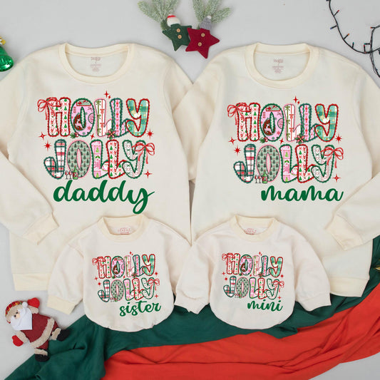 Custom Name Holly Jolly Sweatshirt Vintage Preppy Christmas Family Matching Outfits Mama Mini Daddy Sister Holiday Apparel Cozy Festive