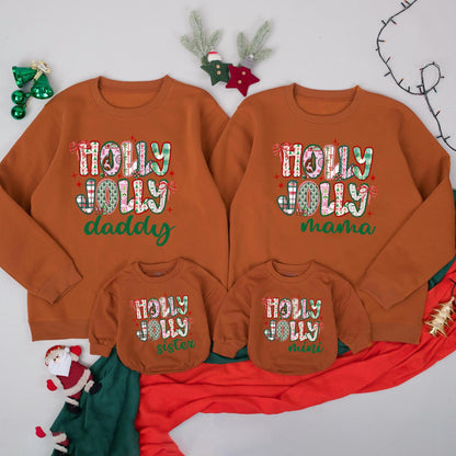Custom Name Holly Jolly Sweatshirt Vintage Preppy Christmas Family Matching Outfits Mama Mini Daddy Sister Holiday Apparel Cozy Festive