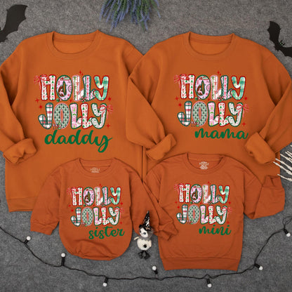 Custom Name Holly Jolly Sweatshirt Vintage Preppy Christmas Family Matching Outfits Mama Mini Daddy Sister Holiday Apparel Cozy Festive