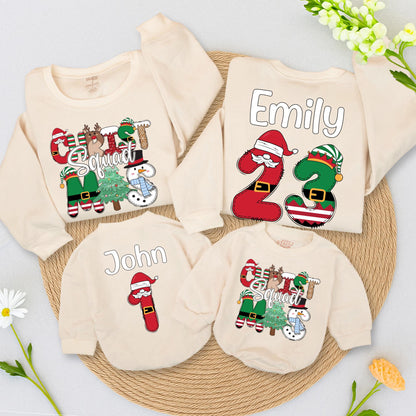 Personalized Christmas Squad Sweatshirts: Custom Family Matching Sweaters, Fun Holiday Character Crewneck, Reindeer Elf Snowman, Cute Baby Romper (138 chars)