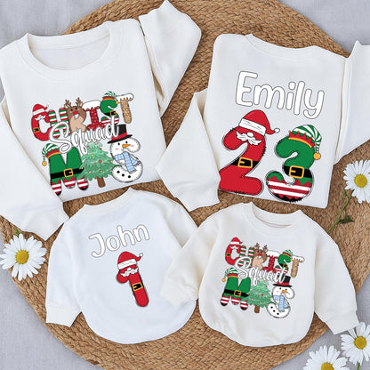 Personalized Christmas Squad Sweatshirts: Custom Family Matching Sweaters, Fun Holiday Character Crewneck, Reindeer Elf Snowman, Cute Baby Romper (138 chars)