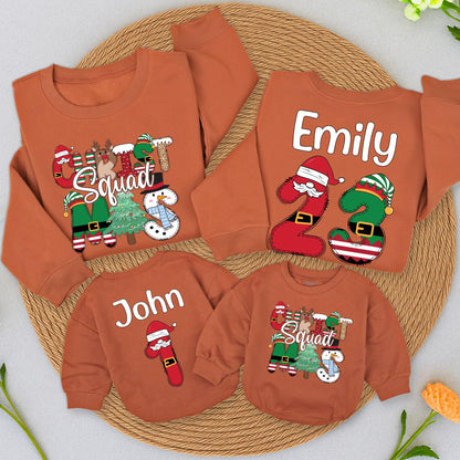 Personalized Christmas Squad Sweatshirts: Custom Family Matching Sweaters, Fun Holiday Character Crewneck, Reindeer Elf Snowman, Cute Baby Romper (138 chars)