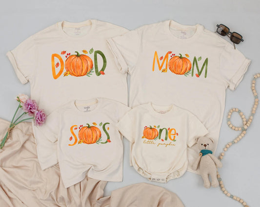 Personalized Little Pumpkin First Birthday Outfit Matching Family Fall Tees Whimsical Orange Pumpkins Green Lettering Autumn Leaves Berries