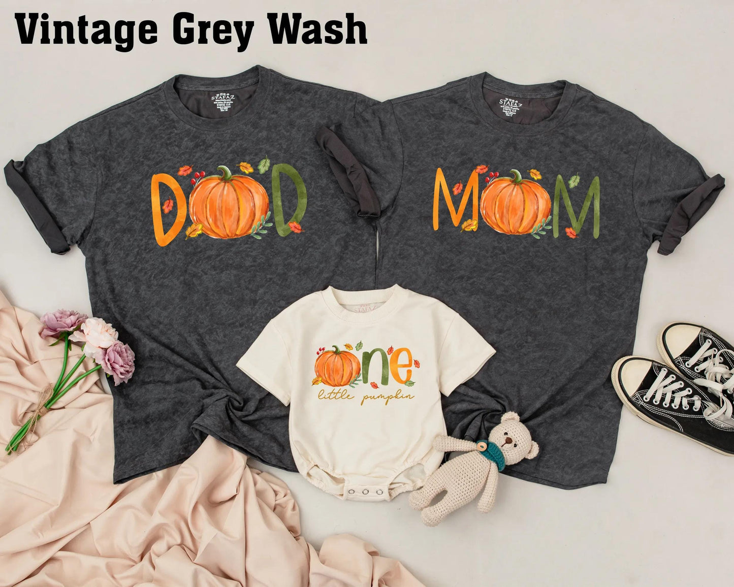 Personalized Little Pumpkin First Birthday Outfit Matching Family Fall Tees Whimsical Orange Pumpkins Green Lettering Autumn Leaves Berries