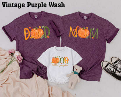 Personalized Little Pumpkin First Birthday Outfit Matching Family Fall Tees Whimsical Orange Pumpkins Green Lettering Autumn Leaves Berries