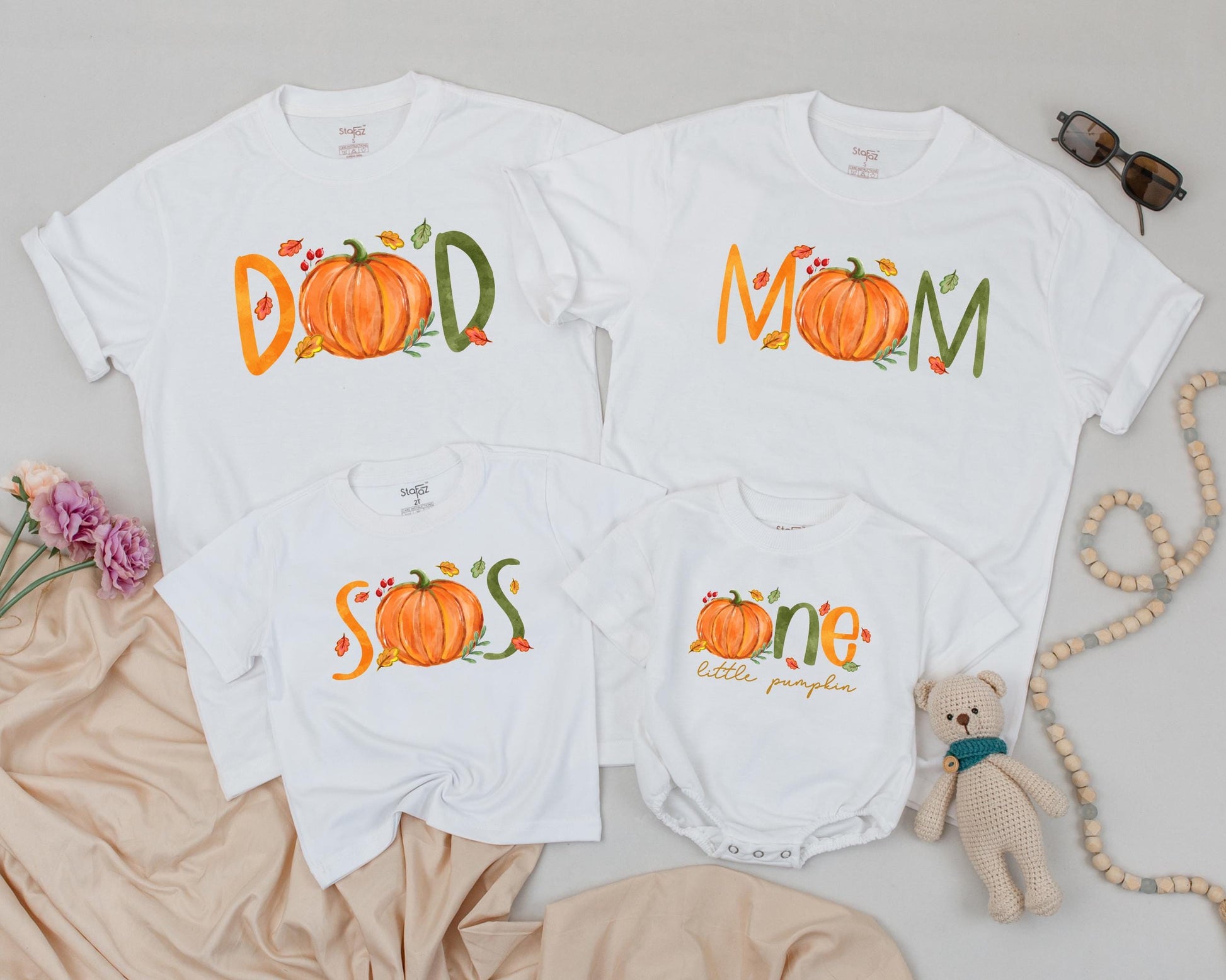 Personalized Little Pumpkin First Birthday Outfit Matching Family Fall Tees Whimsical Orange Pumpkins Green Lettering Autumn Leaves Berries