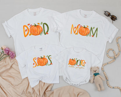 Personalized Little Pumpkin First Birthday Outfit Matching Family Fall Tees Whimsical Orange Pumpkins Green Lettering Autumn Leaves Berries