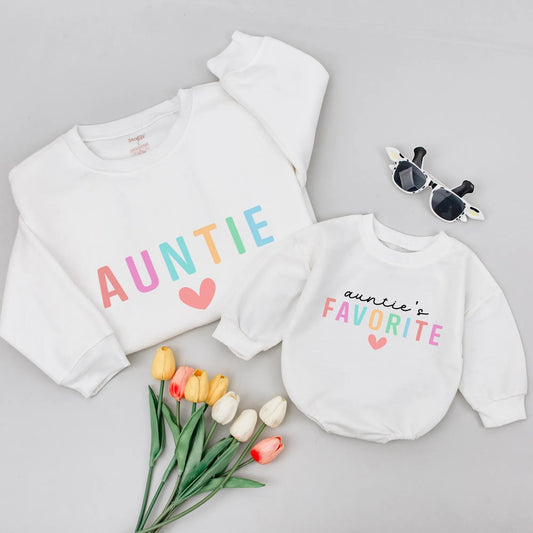 Personalized Auntie's Favorite Sweatshirt with Playful Pastel Letters and Heart, Gift for New Aunt, Auntie Me Matching Shirt, Soft Comfortable
