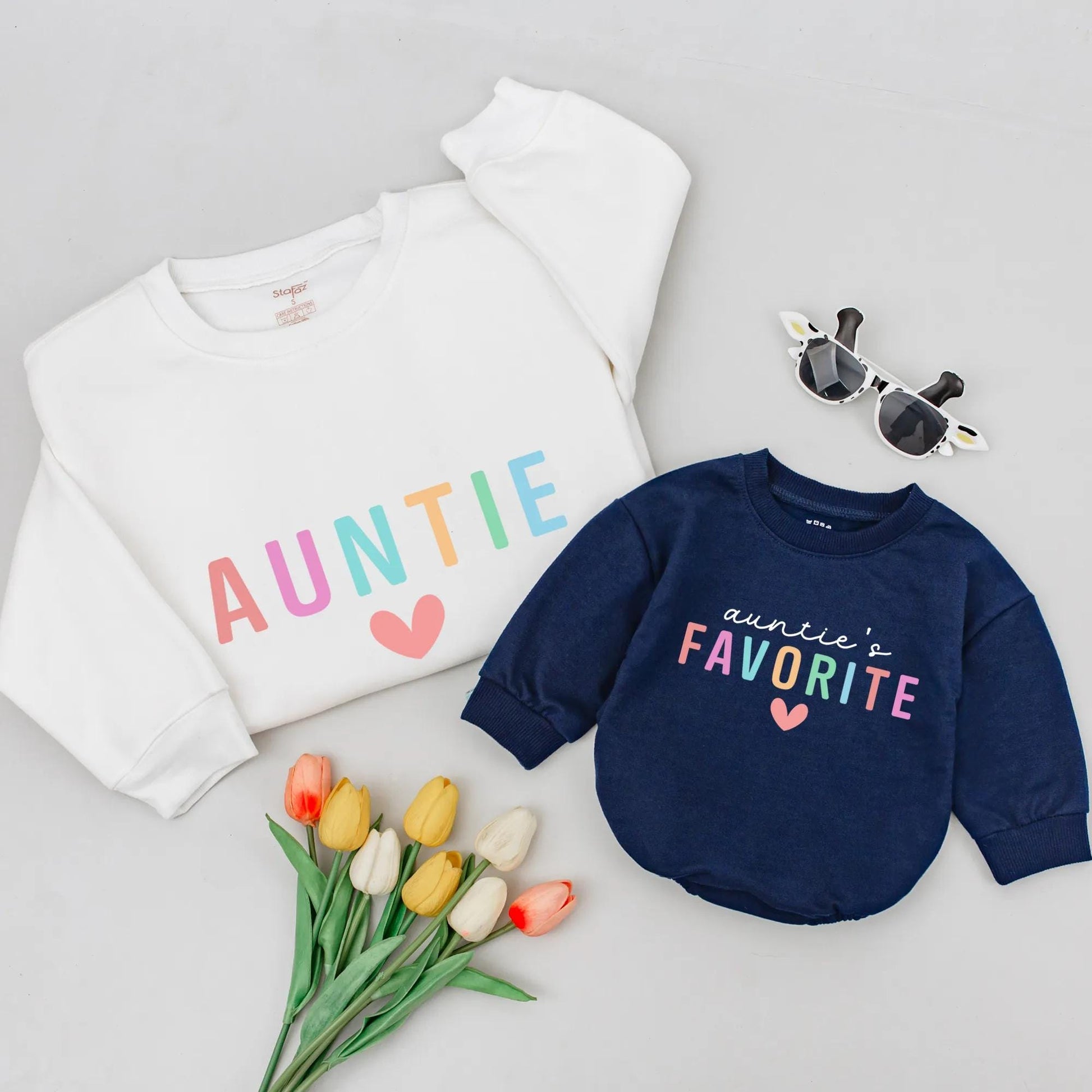 Personalized Auntie's Favorite Sweatshirt with Playful Pastel Letters and Heart, Gift for New Aunt, Auntie Me Matching Shirt, Soft Comfortable