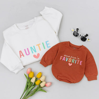 Personalized Auntie's Favorite Sweatshirt with Playful Pastel Letters and Heart, Gift for New Aunt, Auntie Me Matching Shirt, Soft Comfortable