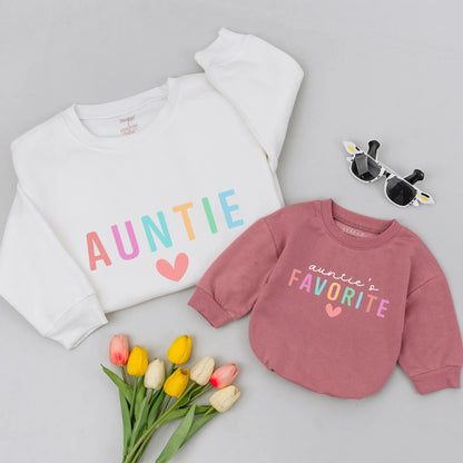 Personalized Auntie's Favorite Sweatshirt with Playful Pastel Letters and Heart, Gift for New Aunt, Auntie Me Matching Shirt, Soft Comfortable